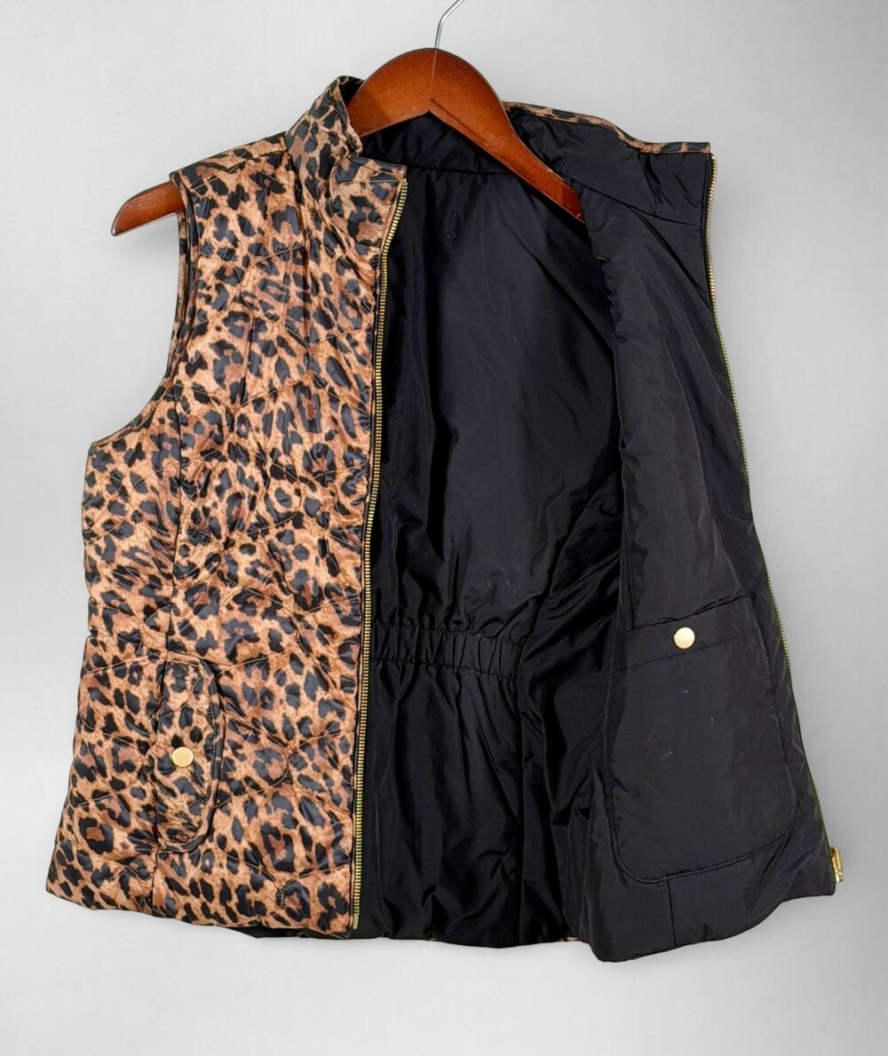 Talbots Reversible Leopard Print Quilted Vest Women's L Gold Button